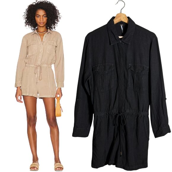 Young, Fabulous & Broke Lakeside Linen Romper Womens Medium Black Utility Safari - Picture 1 of 13
